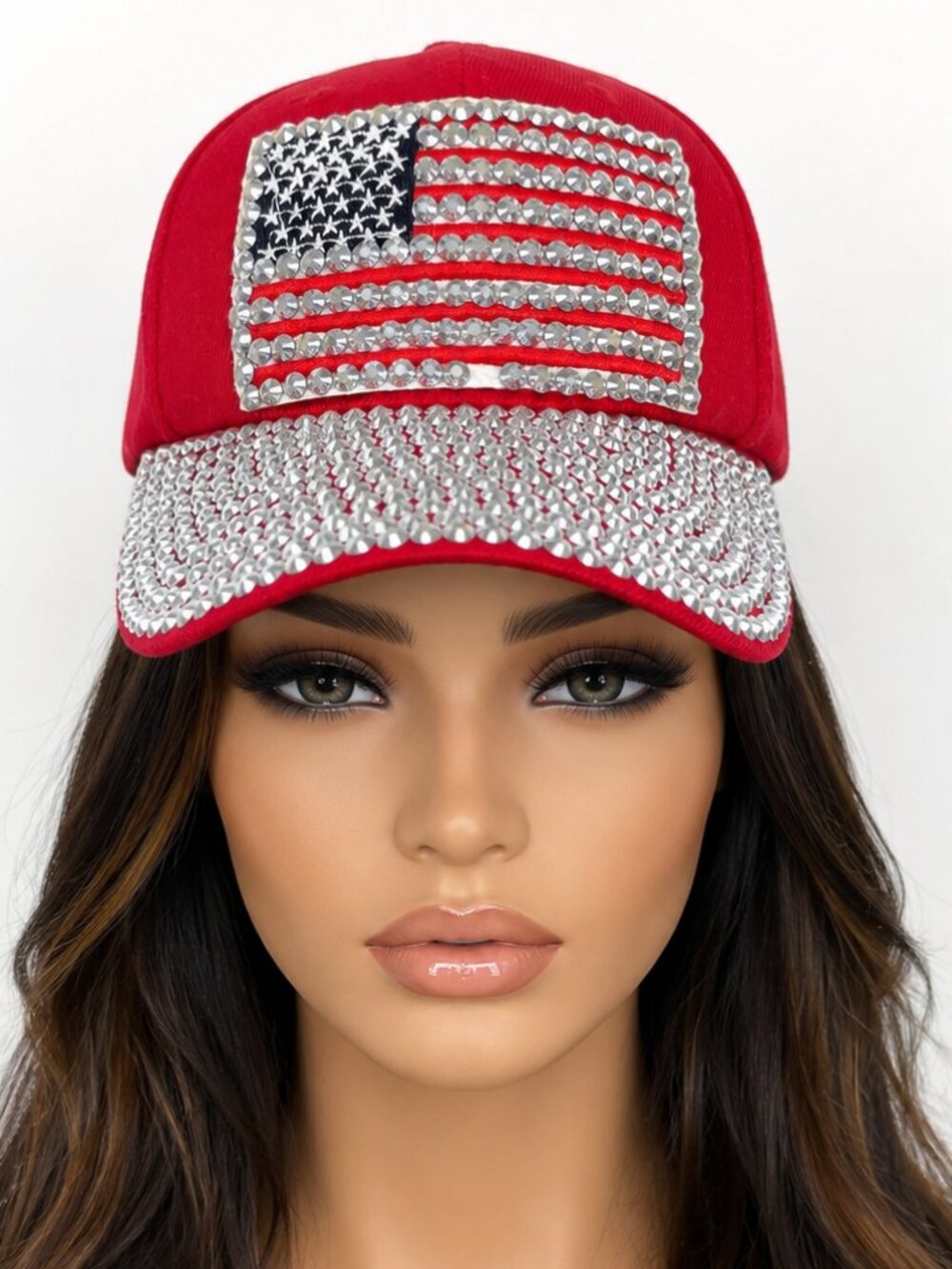 Red Rhinestone American Flag Baseball Cap Bling Patriotic Adjustable OSFM Hat